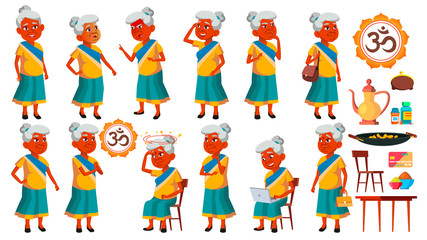 Obraz na płótnie Canvas Indian Old Woman Poses Set Vector. Elderly People. Senior Person. Aged. Active Grandparent. Joy. Presentation, Print, Invitation Design. Isolated Illustration