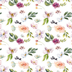 Wedding romantic rustic bridal seamless pattern. White purple and white flowers green leaves ornament