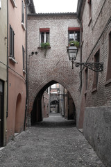 Fototapeta na wymiar The streets of the Historic Center of Ferrara, Italy. 27 January 2019