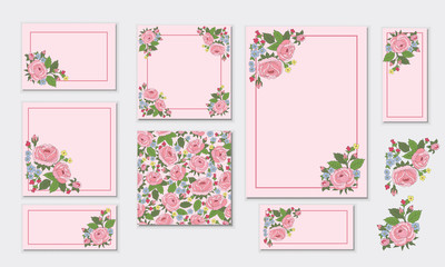 Set of floral frames/cards with roses. Vector design elements.