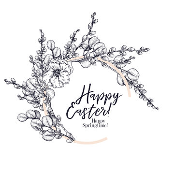 Easter greeting card. Hand drawn vector banner. Willow bracnh wreath with eucalyptus and poppy flower. Happy Easter happy spring. Vintage engraved spring holiday decoration. Traditional icon set