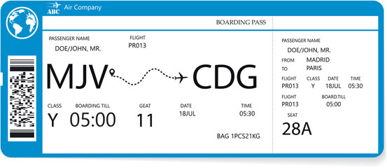 Realistic airline ticket design with not real passenger name. Variant of boarding pass pattern. Vector illustration - obrazy, fototapety, plakaty