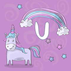 Illustrated alphabet letter U and Unicorn. ABC book image vector cartoon. Magic unicorn, rainbow and stars on a purple sky. Children illustrated alphabet character.