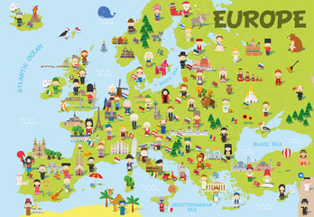 Funny cartoon map of Europe with childrens of different nationalities, representative monuments, animals and objects of all the countries. Vector illustration for preschool education and kids design. - obrazy, fototapety, plakaty