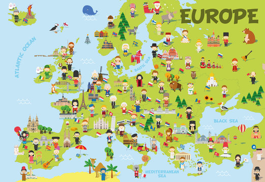 Funny cartoon map of Europe with childrens of different nationalities, representative monuments, animals and objects of all the countries. Vector illustration for preschool education and kids design.