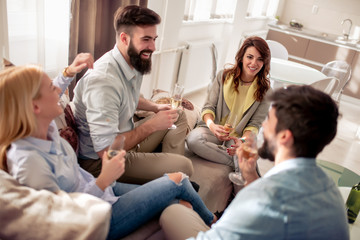 Obraz premium Friends with wine smiling at home