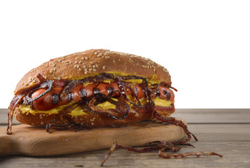 Hot dog with fried onions. Isolated background