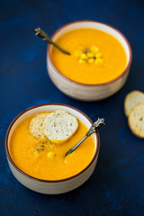 Corn soup, creamy vegetable soup with corn , healthy soup in bowls