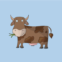 Brown cute cow on blue background. Isolated cartoon vector character