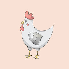 White cute hen on pink background. Isolated cartoon vector character