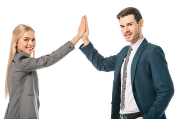 successful businesspeople giving highfive isolated on white