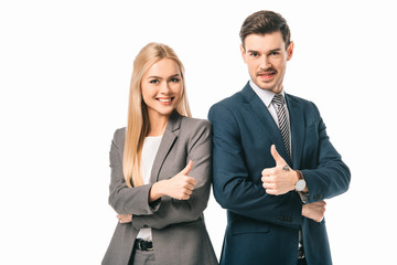 successful businesspeople showing thumbs up, isolated on white