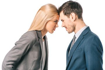 businesspeople having conflict and touching foreheads isolated on white