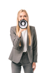 emotional businesswoman in suit screaming into megaphone, isolated on white
