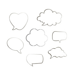 Collection of hand drawn think and talk speech bubbles message. Doodle style black comic balloon, cloud, heart shaped design elements. Isolated vector. Line bubbles on white background