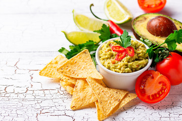 Avocado sauce guacamole with corn chips nachos