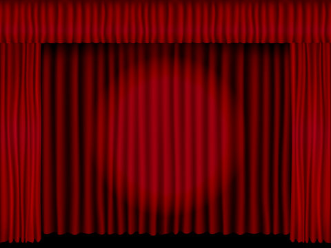 Beautiful black theatre stage vector with red folded curtain drapes lit with a spotlight.