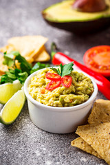 Avocado sauce guacamole with corn chips nachos