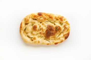 Crispy fresh focaccia with rosemary on white background