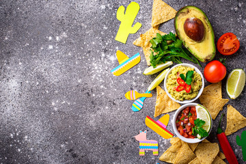 Guacamole, salsa, nachos and tequila