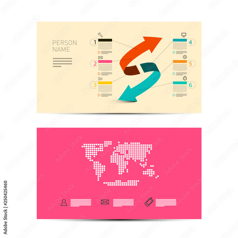 Poster front and back paper business invitation card layout with double arrow and dotted world map