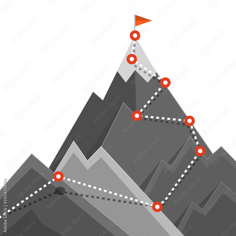 Poster path to mountain top. success jurney concept. vector climbing route symbol with flag and points.
