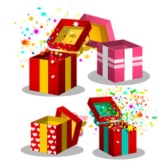 Paper Gift Boxes Set. Open Present Box Symbols with Confetti Isolated on White Background. Vector Birthday Surprise Packages.