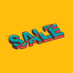 The word SALE is cut in half in a 3D format. Vector illustration of a word of turquoise and pink color with a shadow on a yellow background.