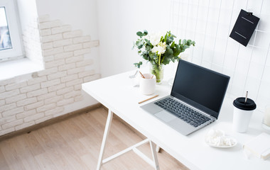 Stylish white professional office interior, minimalist loft workspace