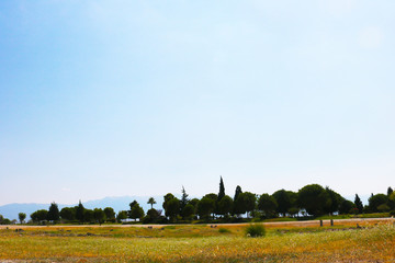 View of ancient ruins and landscape of Hierapolis. Turke