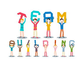 Team Building Concept. Vector Leadership Design Isolated on White Background. Group of People Holding Letters above Heads.