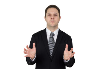 Businessman in Black Suit With Hands Wide Opened. Focus On The Hands. Isolated On White Background