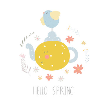 Spring Cute cartoon poster with bird