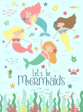 Vector image of funny little mermaids, seaweed and sea creatures. Marine hand-drawn illustration of underwater kingdom for girl, birthday, holiday, summer party, card, print, poster