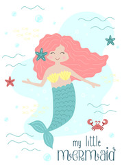 Vector image of a cute little mermaid with pink hair with a starfish and a crab under water. Sea hand-drawn illustration for girl, birthday, holiday, summer party, greeting card, print, clothes.