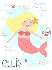 Vector image of a cutie little mermaid with blonde hair with a starfish and a crab under water. Marine hand-drawn illustration for girl, birthday, holiday, summer party, greeting card, print, clothes