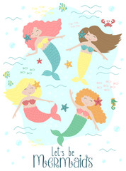 Vector image of cute little mermaids and sea creatures underwater. Marine hand-drawn illustration for girl, birthday, holiday, summer party, postcard, print, clothes.