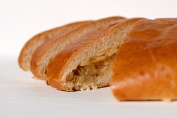 Pea pie cut into pieces closeup. Shallow depth of field