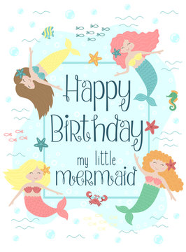 Vector image of funny little mermaids and sea creatures. Marine hand-drawn illustration for girl, birthday, holiday, summer party, card, print, poster, clothes, nursery