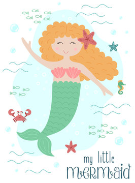 Vector image of a funny little mermaid with red hair with a starfish, crab and seahorse under water. Sea hand-drawn illustration for girl, birthday, holiday, summer party, greeting card, print
