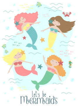 Vector image of cute little mermaids and sea creatures underwater. Marine hand-drawn illustration for girl, birthday, holiday, summer party, postcard, print, clothes.