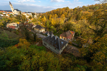 View of the historical part of the town from the terrace (Barborska) in the evening rays of the...