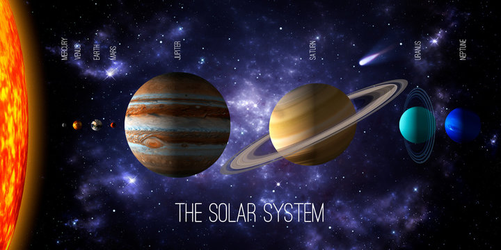 Sun and the eight planets of the solar system with deep space and dramatic nebula background.. Realistic 3d illustration of the rendering of the planets size. Some elements furnished by NASA.