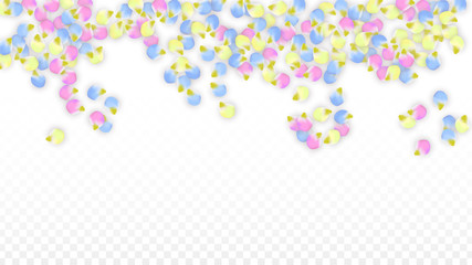 Vector Realistic Colorful Petals Falling on Transparent Background.  Spring Romantic Flowers Illustration. Flying Petals. Sakura Spa Design. Blossom Confetti. Design Elements for Wedding Decoration.