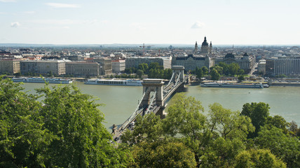 Fototapeta na wymiar Top view of the Danube river, roofs and the Szechenyi Chain Bridge in Budapest, sunny day, Hungary