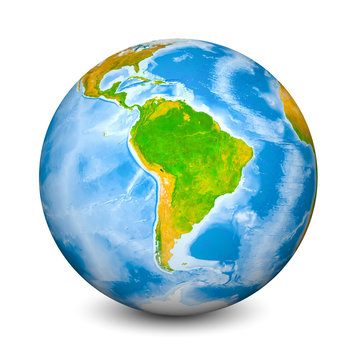 Earth globe focused on South America. Realistic topographical lands and oceans with bathymetry. 3D object isolated on white background. Elements of this image furnished by NASA