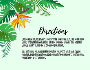 Modern style Directions wedding invitation card with tropical exotic flower frame background, floral elements label. Vector design template, isolated. Welcome card in trendy with palm plant
