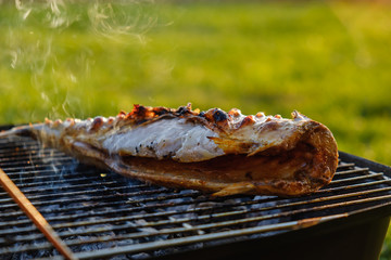 Hot mackerel fish on a grilling pan, with herb spices on fire
