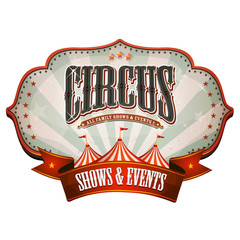 Carnival Circus Banner With Big Top/ Illustration of a retro and vintage circus red poster badge, with marquee, big top, sunbeams and banner