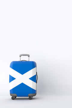 Travel suitcase with the flag of Scotland. Holiday destination. 3D Render
